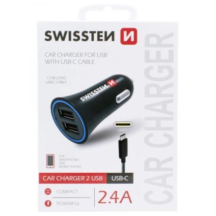 SWISSTEN Szivargyújtós USB Gyorstöltő + 1,2m USB-C Kábel 2400mA (3020110908)