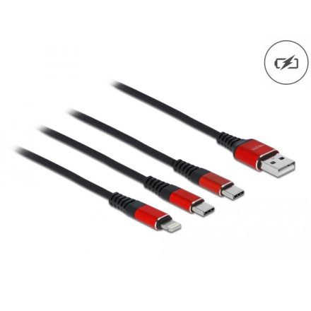 Delock 3az1-ben USB-A - Lightning / 2 x USB Type-C töltőkábel 1m fekete-piros (86709)