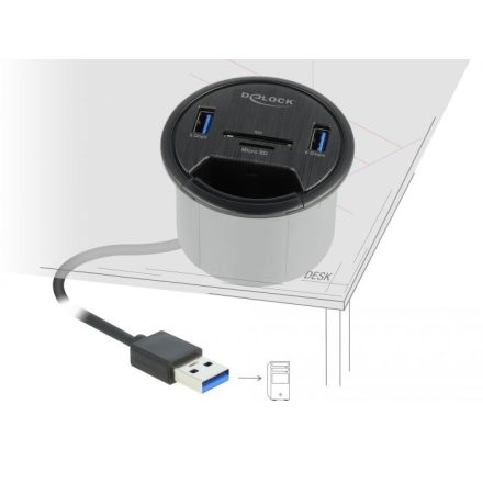 Delock asztallapba építhető 2xSuperSpeed USB-A/kártyaolvasós Hub (64152)