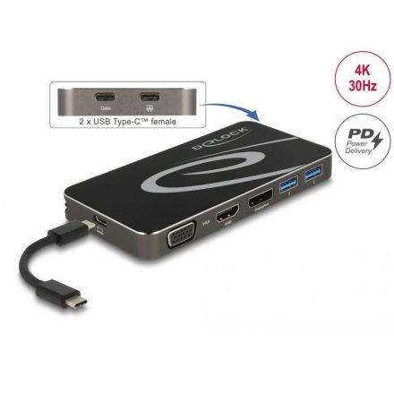 Delock USB Type-C 3.2 dokkoló állomás 4K HDMI DP / 1080p VGA, USB Hub és PD 3.0 (87773)