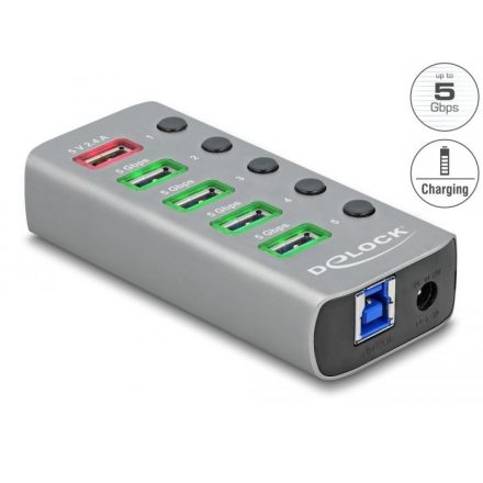 Delock USB 5 Gbps hub 4 porttal valamint 1 gyorstöltő porttal kapcsolóval és megvilágítással (63262)