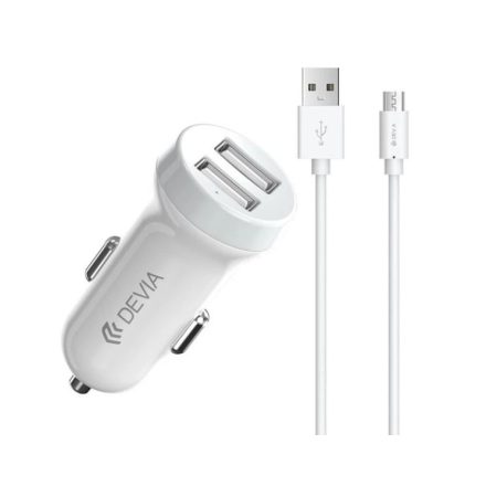 Devia autós töltő 2xUSB-A + microUSB kábel fehér (331183/D07)