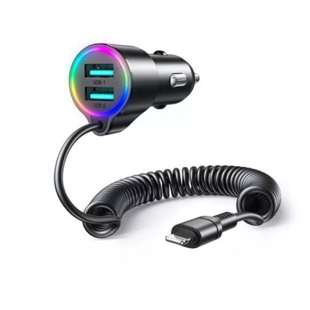 JOYROOM autós töltő 2xUSB-A aljzat + Lightning kábel (5V/3A, 17W, PD gyorstöltő 5.0) fekete (JR-CL25)