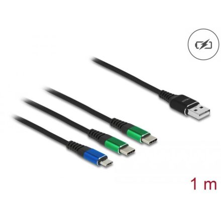 Delock USB töltő kábel 3 az 1 A-típusú apa Micro USB - 2 x USB Type-C 1m (87882)