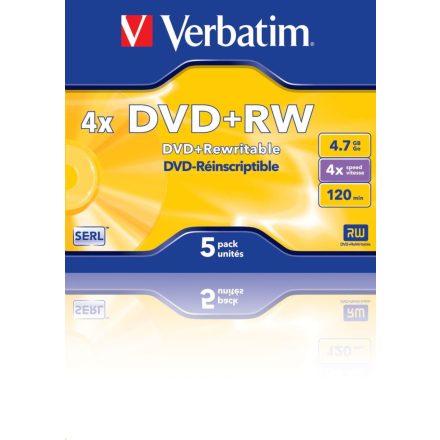 Verbatim DVD+RW 4.7GB 4x DVD lemez normál tok 5db/cs  (43229)