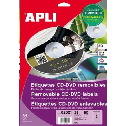 APLI CD/DVD etikett, A4 matt, eltávolítható 50 darab  (LCA2001)