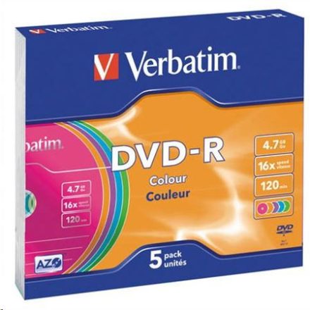 Verbatim DVD-R 4.7GB 16x DVD lemez slim tok színes 5db/cs  (43557)