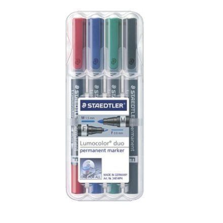 STAEDTLER "Lumocolor Duo" alkoholos marker F/M,0,6/1,5 mm kúpos kétvégű 4 különböző szín  (348 WP4)