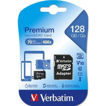 128GB microSDXC Verbatim UHS-I Premium memóriakártya + adapter (44085)