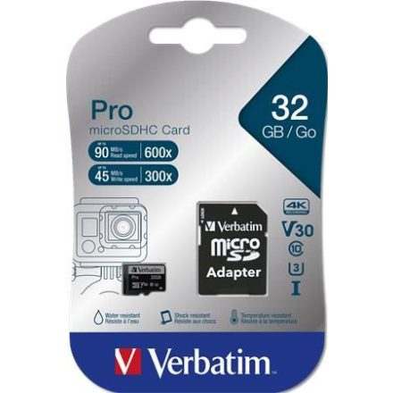 32GB microSDHC Verbatim UHS-I Pro memóriakártya + adapter (47041)