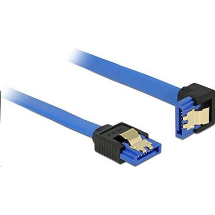 Delock 85088 SATA-kábel 6 Gb/s egyenes -> lefelé ívelt, fém rögzítő, kék, 10cm