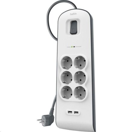 Belkin BSV604vf2m túlfeszültségvédő 6 aljzat + 2 USB-2.4A (osztott) 2m