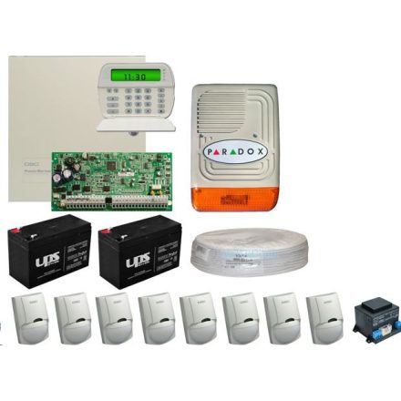 DSC PC1832 rendszer (8 db mozgásérzékelő, központ, kezelő, doboz, kültéri sziréna, 2 db akkumulátor, táp, kábel)