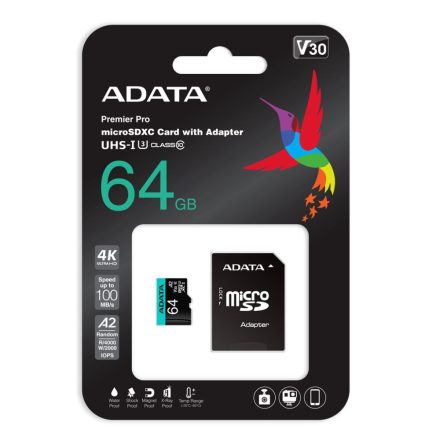 64GB microSDXC ADATA Premier Pro CL10 V30 A2 + adapter (AUSDX64GUI3V30SA2-RA1)