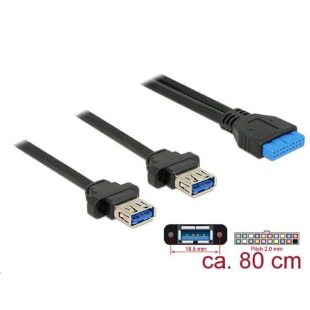 Delock USB 3.0-s csatlakozóhüvellyel ellátott kábel, 2,00 mm, 19 tűs > 2 x USB 3.0 A csatlakozó (85244)