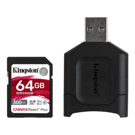 64GB SDXC Kingston Canvas React Plus U3 UHS-II V90 kártya + MobileLite Plus kártyaolvasó  (MLPR2/64GB)