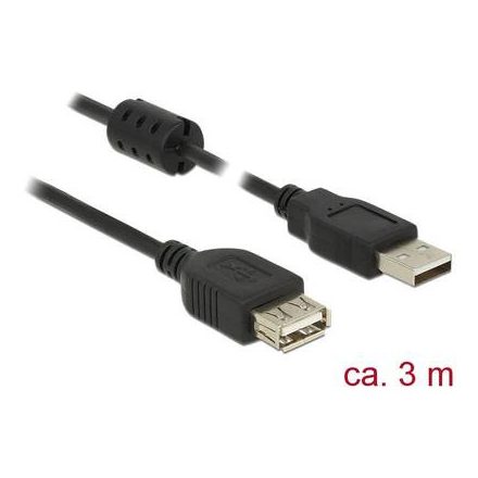 Delock USB 2.0 Hosszabbítókábel [1x USB 2.0 dugó, A típus - 1x USB 2.0 alj, A típus] 3.00 m Fekete Ferritmaggal