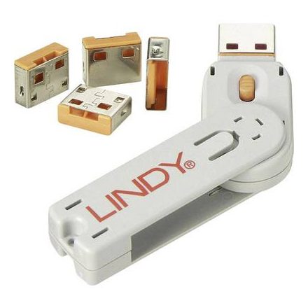 USB port blokkoló dugó, vakdugó, 4 db-os készlet, narancs, kiszedő szerszámmal, Lindy 40453