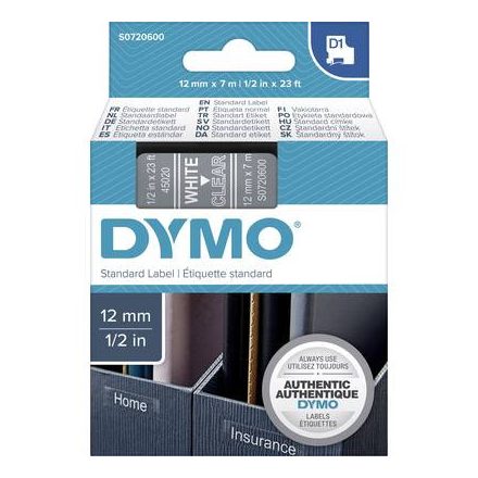 DYMO feliratozószalag D1, 12mm, átlátszó/fehér, S0720600