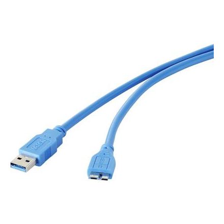 USB 3.0 csatlakozókábel, 1x USB 3.0 dugó A - 1x USB 3.0 dugó mikro B, 1,8 m, kék, aranyozott, renkforce